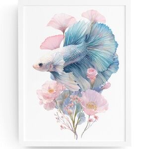 Watercolor Betta Fish with Flowers Wall Art Print Unframed - Enchanting Aquatic